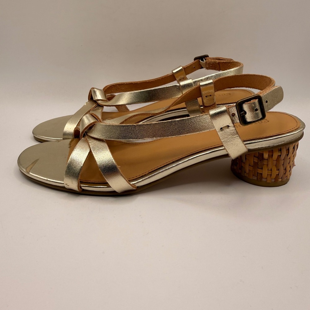 Soludos‎ Gold Metallic Leather Woven Block Heel Rattan Strappy Sandals Size 7.5